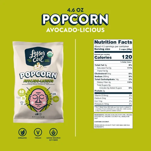 Vista 7 de LesserEvil Palomitas de maíz orgánicas "Avocado-licious", exclusivo de Amazon, calidad premium, mínimamente procesado, sin aceite vegetal, 4.6