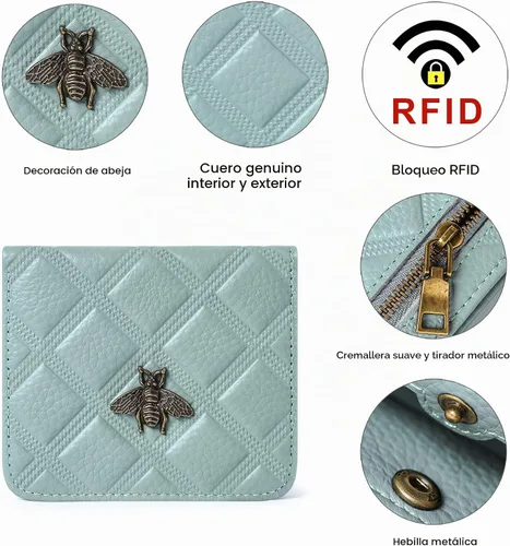 Vista 3 de Billetera para mujer, con bloqueo RFID, pequeña, compacta, plegable, de piel auténtica, con bolsillo, mini carteras para mujeres