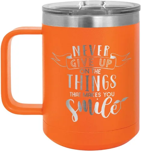 Vista 17 de Nunca renuncies a las cosas que hacen sonreír, taza de café negra de 15 oz con tapa superior deslizante, taza de café de viaje aislada, regalo
