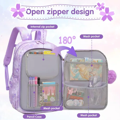 Vista 3 de Linda Mochila para Niñas Escolar Bolso para Estudiantes Niños Bolso de Libro con Múltiples Bolsillos Mochila Infantil Resistente a Salpicaduras
