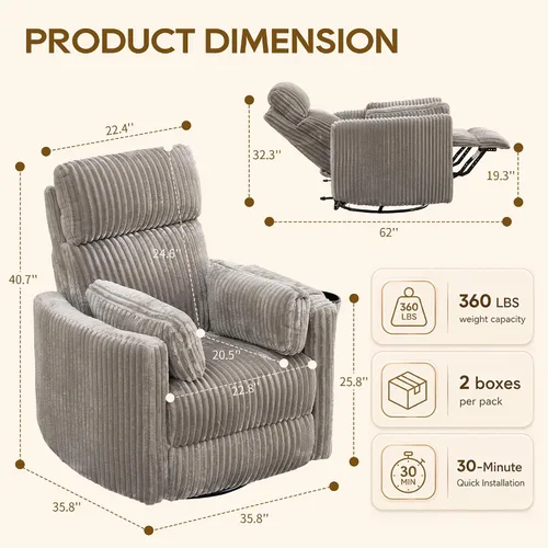 Vista 2 de IPKIG Power Swivel Recliner Nursery Rocking Glider Chairs, Corduroy, Grey