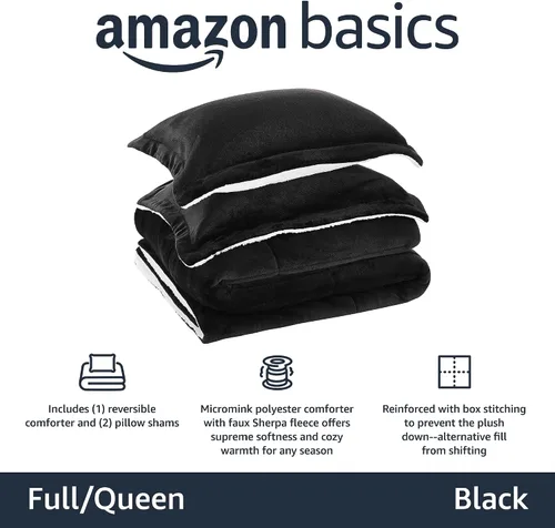 Vista 2 de Amazon Basics - Juego de ropa de cama de 3 piezas, Micromink Sherpa, ultrasuave, edredón cálido para todas las estaciones, tamaño Full/Queen, negro