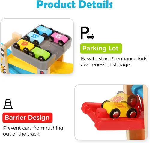 Vista 4 de Belleur - Juego Montessori para niños de 1 a 3 años, pista de carreras de coches para niños pequeños con 5 coches mini y 5 rampas, juego de juguetes