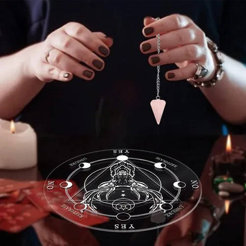 Vista 6 de AHANDMAKER Juego de tablas de péndulo de bruja acrílica, 2 estilos, planchette de radiestesia metafísico con collar de péndulo de cristal para altar