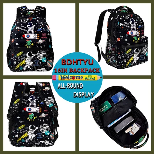 Vista 4 de BDHTYU Space Astronaut Rocket Mochila para niños y niños pequeños, mochila escolar con correa ajustable, impermeable, bolsa de libros de 16
