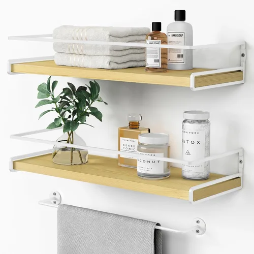 Vista 13 de Forbena - Estantes flotantes de baño montados en la pared, estantes blancos y dorados estéticos para accesorios de baño, organizador de baño moderno