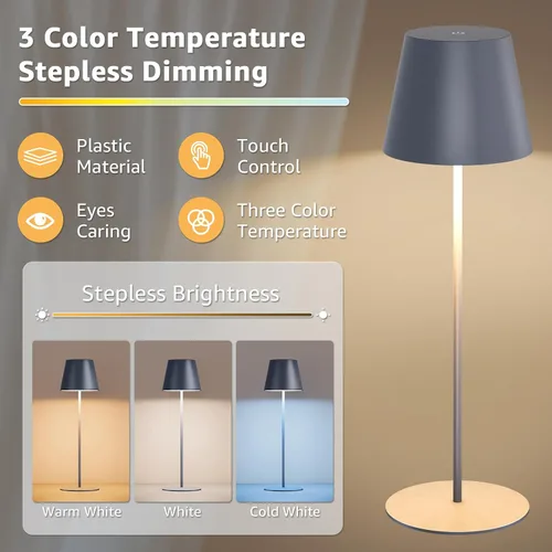 Vista 3 de uuffoo Paquete de 2 lámparas de mesa inalámbricas recargables de 5000 mAh, luces a pilas, control táctil, lámparas de escritorio portátiles LED de 3