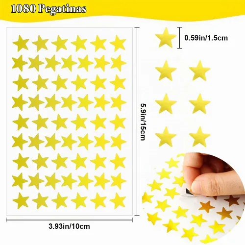 Vista 2 de 1080 UNIDADES de calcomanías de estrella doradas, calcomanías de estrella pequeñas, 20 hojas de calcomanías de estrella metálicas de aluminio