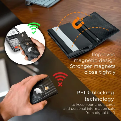 Vista 7 de Cartera para hombre Tarjetero de fibra de carbono y llavero AirTag de metal, billetera delgada, cierre magnético y seguridad RFID, Fibra de carbono