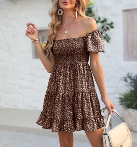 Vista 4 de Veatzaer Vestido corto de manga abombada con cuello cuadrado para mujer, estampado floral, bohemio, hombros descubiertos, con volantes