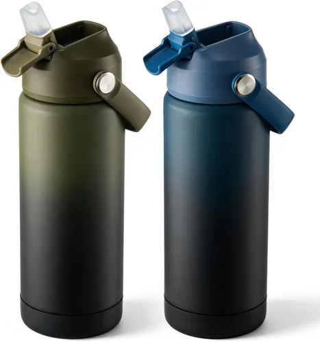 Vista 33 de Fijinhom Botella de agua aislada de 18 onzas con 2 tapas, botellas de agua de acero inoxidable, aspiradora de doble pared, mango portátil y parte