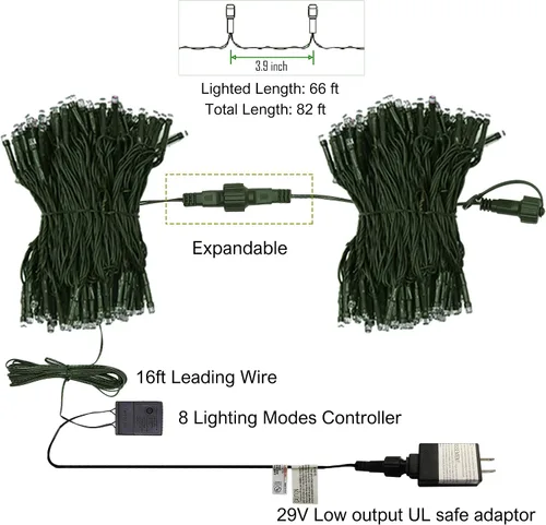 Vista 8 de Twinkle Star Guirnalda de 200 luces LED de Halloween de 66 pies con certificación UL segura para exteriores, luces de hadas enchufables, cable verde
