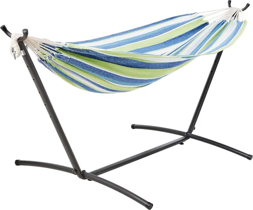 Vista 11 de Amazon Basics Hamaca doble con soporte de acero de 9 pies que ahorra espacio y funda de transporte, 2 personas, capacidad de 450 libras, rayas beige
