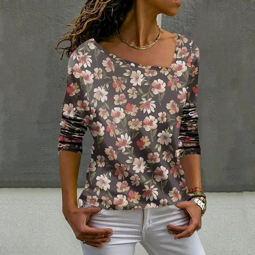 Vista 2 de Camisetas de Navidad de talla grande para mujer, blusa de moda casual con cuello en V con estampado irregular de manga larga