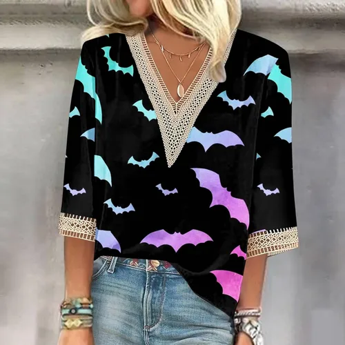 Vista 2 de Women's Tops 34 Sleeve Loose Fit 2023 Fashion Pumpkin Print Lace Blouse Casual Festival V Neck Sweatshirt Shirt
