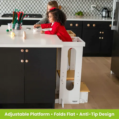 Vista 3 de Little Partners Torre Plegable para Niños Pequeños, Torre de Aprendizaje Explore 'N Store Montessori Torre de Cocina de Pie con Plataforma de Blanco