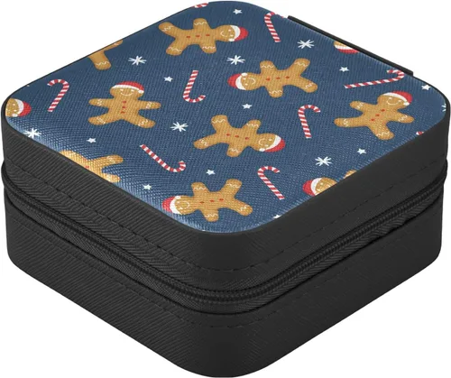 Vista 2 de Vnurnrn PU Leather Travel Jewelry Box, Gingerbread Man and Candy Cane Jewelry Case, Portable Small Jewelry Box Organizer for Women Girl, Travel