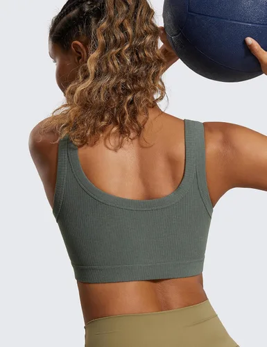 Vista 4 de CRZ YOGA Sujetadores deportivos acanalados para mujer, espalda en U, inalámbrico, de impacto medio, acolchado, para yoga, entrenamiento, camisola