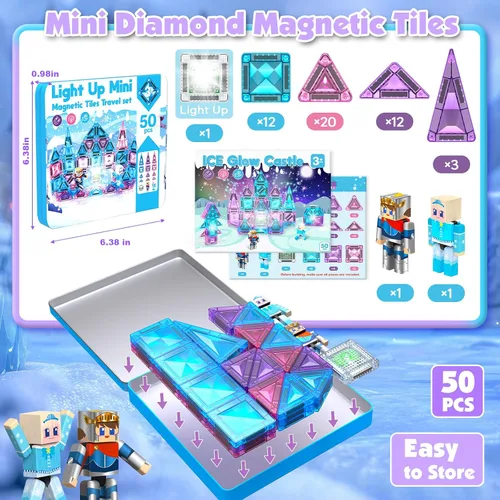 Vista 4 de Frozen Mini azulejos magnéticos de juguete de construcción de castillo de princesa, 50 bloques de construcción magnéticos con 2 personas de acción