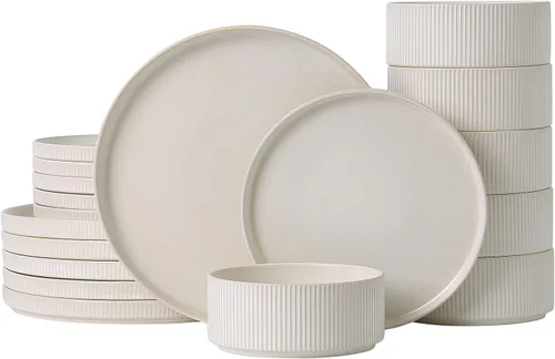 Vista 24 de Stoneware Dinnerware Sets for 4, 12Pcs Plates and Bowls Set, Cream White