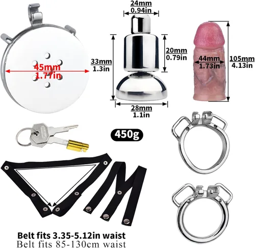 Vista 2 de AMAZBEE Jaula de castidad plana, consolador realista de pene con anillos de pene circulares, pequeña jaula invertida para pene Sissy Cock Jaula SM