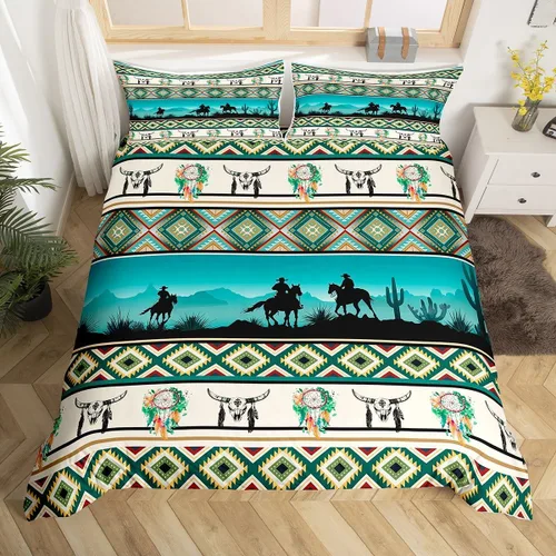 Vista 29 de Erosebridal Juego de funda de edredón estilo bohemio occidental tamaño individual, diseño de vaca atrapasueños del suroeste, juego de ropa de cama