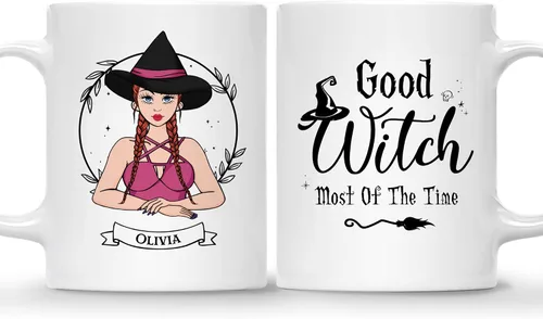 Vista 16 de Gossby Taza de café de bruja personalizada, regalo personalizado de Halloween para mujeres, hermana, mejor amiga, mamá, abuela con diseño, nombre