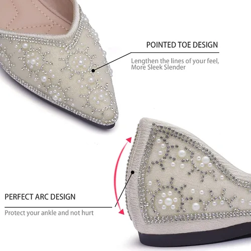 Vista 2 de Flats Shoes Women Rhinestone Fashion Wedding Shoes Rhinestone Pearl Diamond Pointed Head Ballet Flats