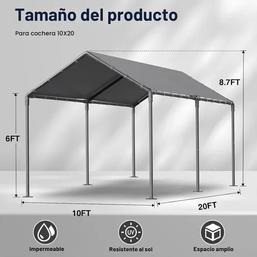 Vista 2 de Cobertizo de almacenamiento de cochera resistente al aire libre de 10 x 20 pies, portátil, para garaje, barco, refugio, tienda de campaña para Gris