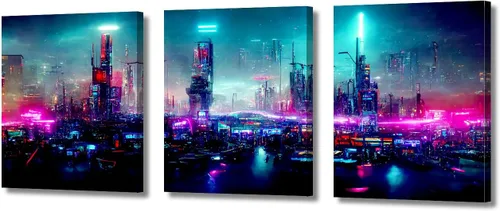 Vista 66 de Cuadros de 3 paneles de Cyberpunk City - Arte de pared de vallas publicitarias de edificios modernos en la capital con obras de arte modernas