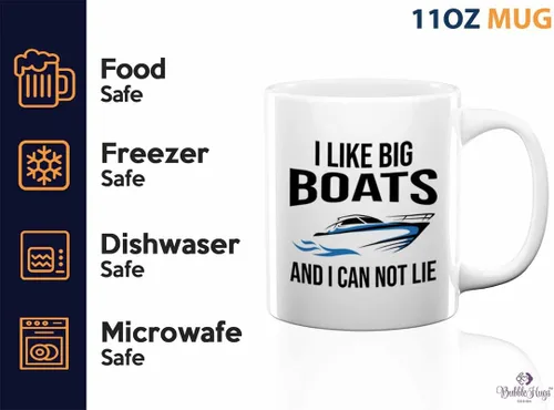 Vista 3 de Taza de café Boat Lover de 11 onzas, color blanco, con texto en inglés "I like Big Boats" (I like Big Boats), para amantes del lago, amante del mar