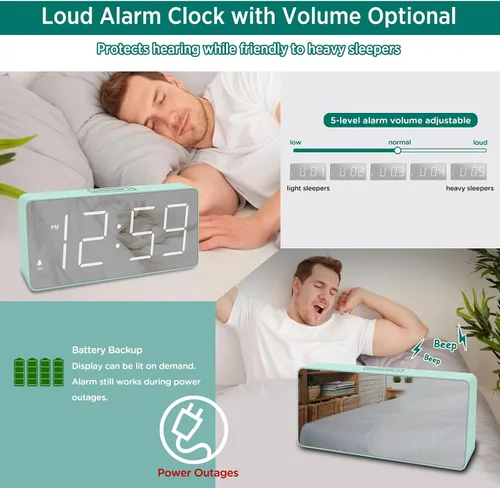 Vista 4 de Peakeep Reloj digital, reloj despertador alimentado por batería para dormitorios, esfera de espejo, números grandes, 6 atenuadores para personas