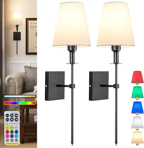 Vista 9 de Juego de 2 apliques de pared a pilas, para interiores, sin cableado, apliques de pared inalámbricos recargables con control remoto regulable