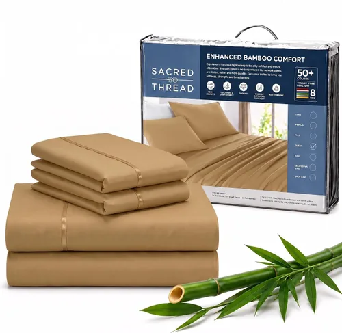 Vista 45 de Sacred Thread Sábanas de rayón derivado de bambú tamaño individual, sábanas refrescantes de bolsillo profundo de 18 pulgadas para personas que