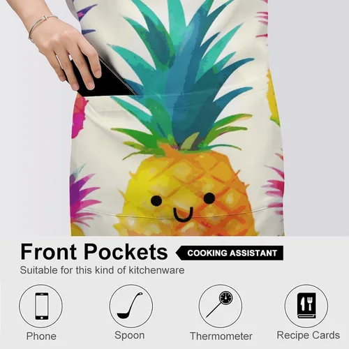 Vista 5 de MUSM Apron for Adults - 27.6 X 31.5 Inch, Heavy-Duty Polyester Aprons with Two Large Pockets, Waterproof Rainbow Pineapple Cartoon Kitchen Apron for