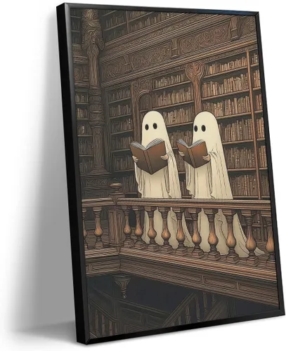 Vista 13 de Lienzo decorativo de Halloween para pared, póster de fantasma y gato negro en la bañera, imagen espeluznante de fantasma y flores, impresión