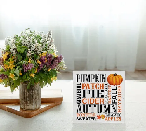 Vista 7 de Cartel de madera de otoño para decoración del hogar, letrero cuadrado de madera de otoño, decoración de escritorio, tema de otoño, bloque de madera