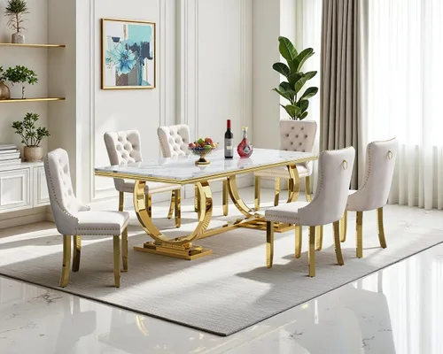 Vista 40 de Juego de mesa de comedor de mármol sintético, 7 piezas, juego de mesa de cocina y comedor para 6, mesa de comedor rectangular blanca de 70 pulgadas
