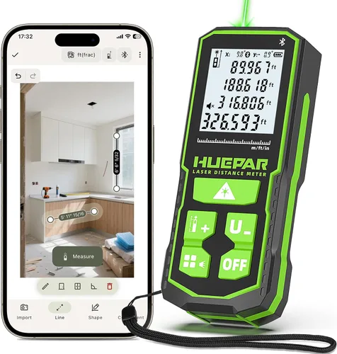 Vista 11 de Herramienta de medición láser con aplicación Bluetooth, 200 pies, ± 1/16 pulgadas de alta precisión, medidor de distancia láser de haz verde