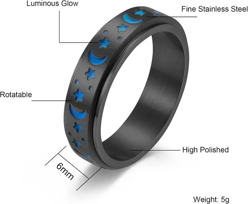Vista 5 de Anillo Giratorio de Acero Inoxidable, Anillo Luminoso Rotatable de Luna y Estrella, Anillos de Dedo para Ansiedad, Anillo de Halloween, Anillo