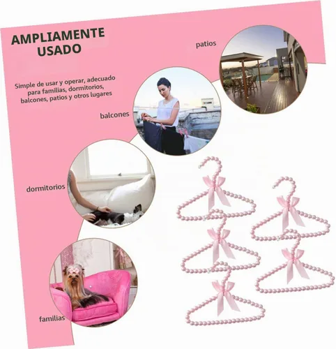 Vista 3 de 5 piezas de perlas rosadas pequeñas perchas de ropa con perlas de imitación con lazo de cinta para mascotas, perros, gatos, ropa de bebé