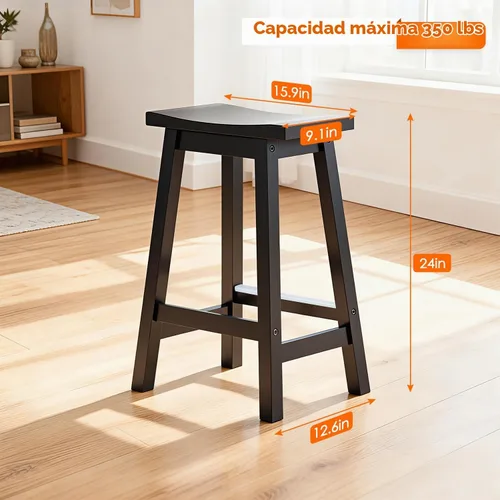 Vista 3 de Juego de 2 Taburetes de Bar PayLessHere, Taburetes de Silla de Montar de Madera de 24 Pulgadas de Altura, Sillas de Bar con Reposapiés