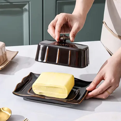 Vista 4 de Mantequillera de porcelana con tapa para encimera, contenedor de mantequilla de granja con mango de lujo, grande para mantequilla de la costa este