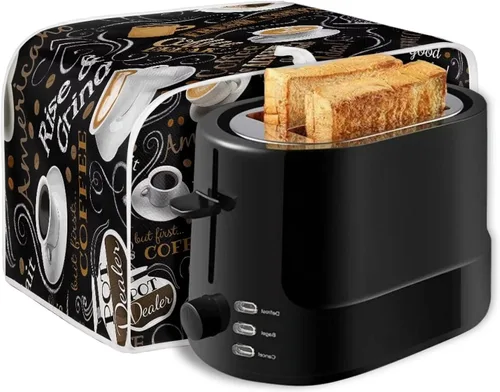 Vista 7 de Cubierta de tostadora de 2 rebanadas para cocina, tamaño universal, para microondas, a prueba de polvo, para mujer Tema Café