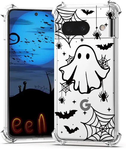 Vista 39 de Funda de Halloween para Google Pixel 6A transparente con diseños de murciélagos fantasmas, funda para teléfono para niñas, elegante, delgada, a
