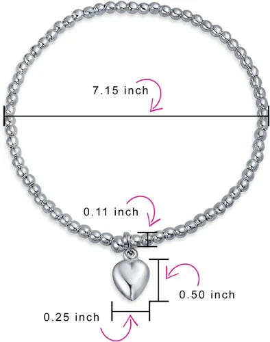 Vista 3 de Personalized Plain Simple Engravable Monogram Alphabet A-Z Initial Dainty Heart Tag Charm 3MM Ball Bead Stretch Bracelet For Women For Teen .925