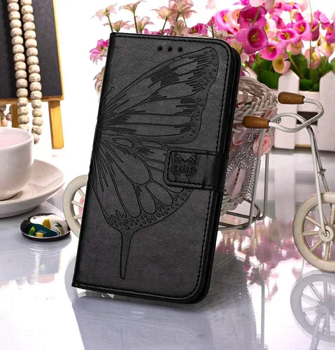 Vista 5 de para Samsung Galaxy A51 Case Wallet Flip Cover (Negro) Butterfly Floral Embossed Pattern, Wrist Strap, PU Leather, Card Holder Slots, Cash Pocket