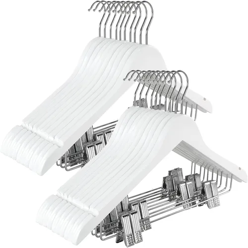 Vista 8 de TOPIA HANGER Perchas de madera para trajes con clips de metal ajustables (paquete de 10), perchas de ropa de madera maciza, gancho giratorio