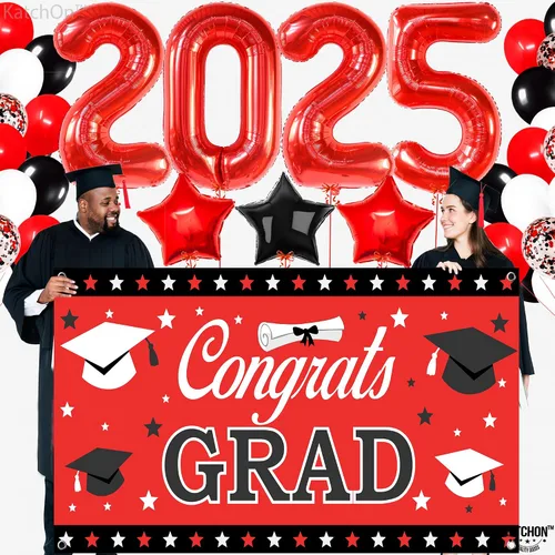 Vista 6 de KatchOn, Juego de 40 decoraciones de graduación rojas y negras 2025, globos rojos 2025, pancarta de felicitaciones para graduación de clase de 2025
