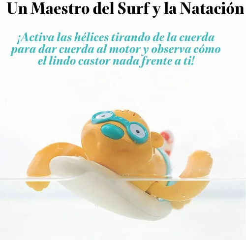 Vista 3 de Pull String - Juguete de baño para bebé, lindo castor de surf, natación, cuerda mecánica, juguete de bañera para niños pequeños (beige)
